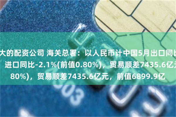 最大的配资公司 海关总署：以人民币计中国5月出口同比6.3%(前值9.30%)，进口同比-2.1%(前值0.80%)，贸易顺差7435.6亿元，前值6899.9亿